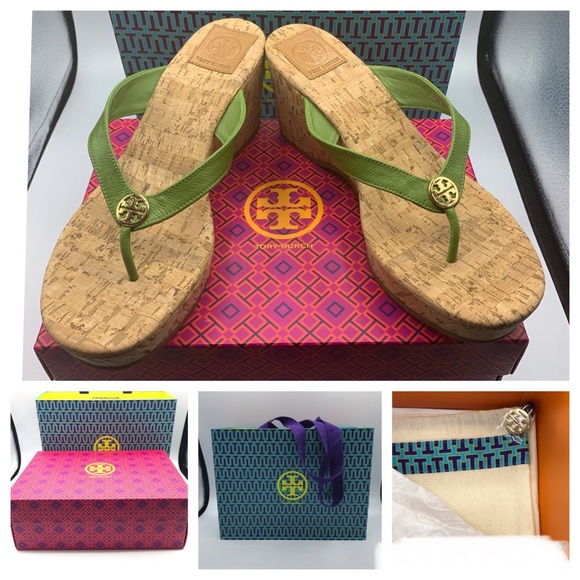 Tory Burch Shoes - Tory Burch Suzy Leaf Green Cork Wedge Thong Sandal